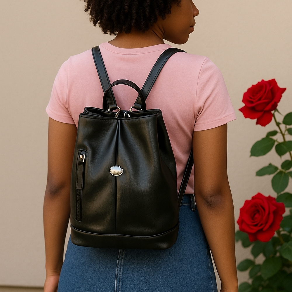 Connections Black Faux Leather Drawstring Shoulder Bag | Classic & Chic